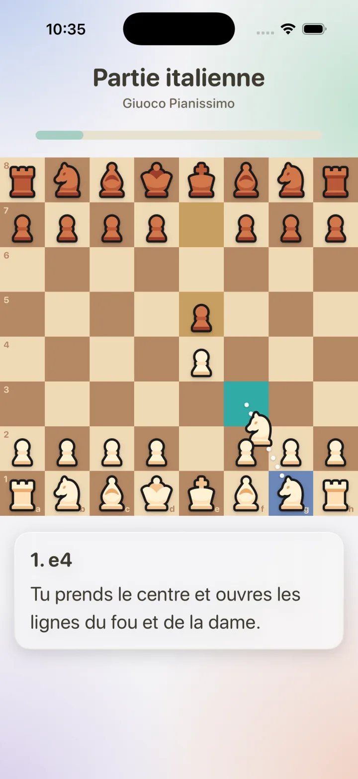 L'app Prologue Chess montre l'ouverture italienne, coup 1.e4
